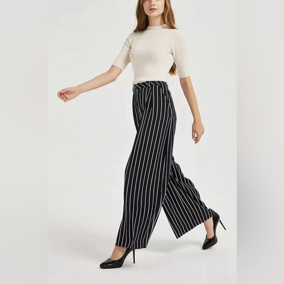 Navy gray and white pinstripe pleated palazzo wide leg trouser pants size large - Picture 2 of 10